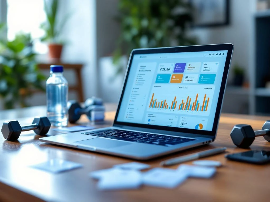 Laptop toont kleurrijke fitness dashboard analytics op modern bureau met halters, waterfles en sportschool kaarten