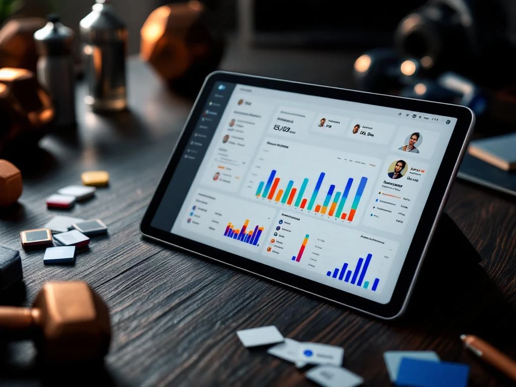 Tablet met fitness dashboard toont lidmaatschapstatistieken en grafieken, omringd door halters en sportaccessoires op bureau