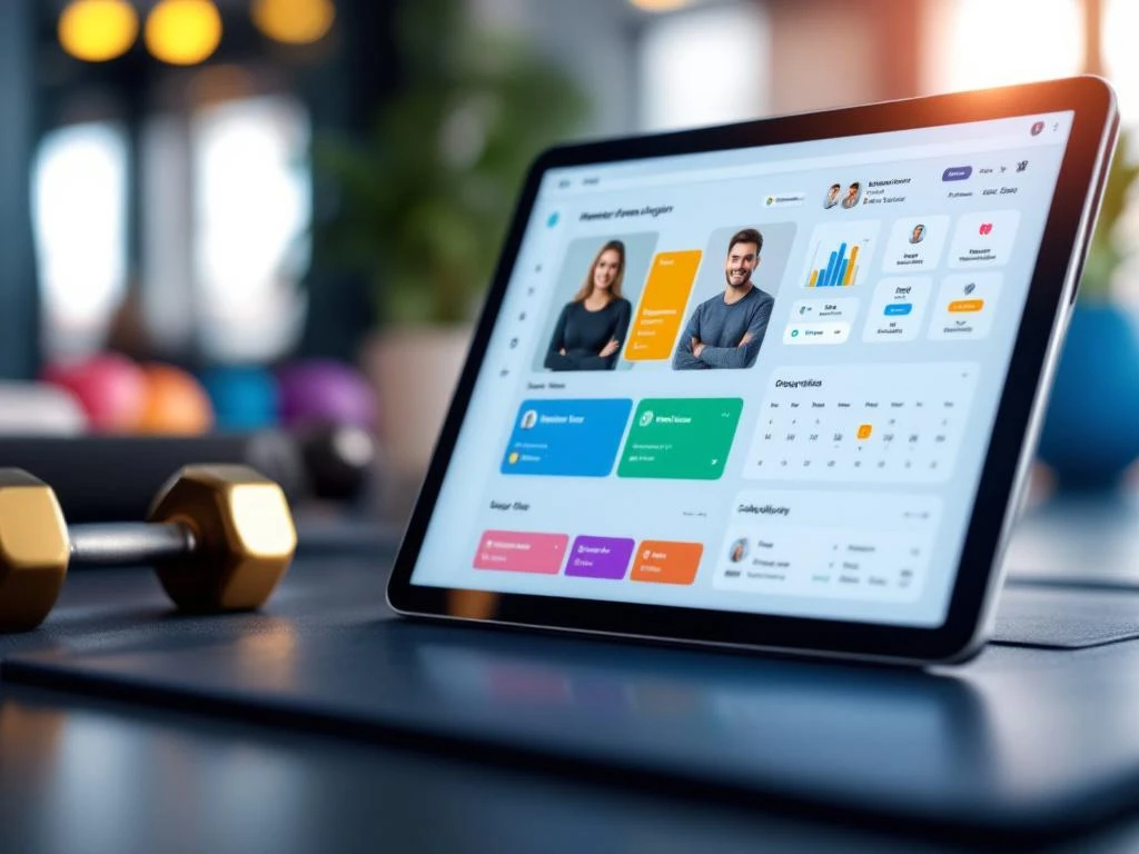 Tablet met fitness management dashboard toont kleurrijke workout tiles, ledenprofielen en planningsinterface in sportschool