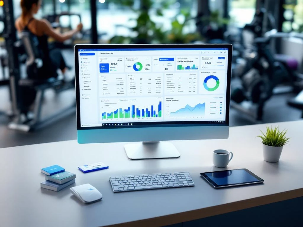 Moderne fitnessreceptie met computer die ledengegevens en kleurrijke dashboards toont, omringd door lidmaatschapskaarten