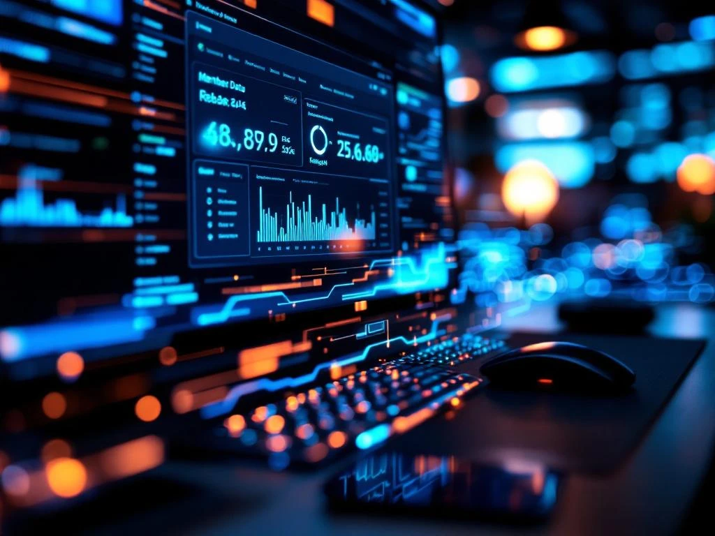 Computer scherm toont Logifit fitness dashboard met geautomatiseerde update voortgang en blauwe interface elementen