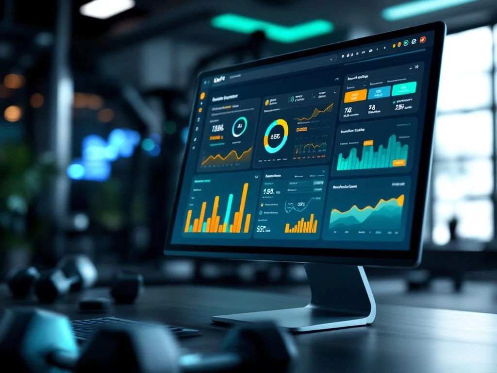 Computer scherm toont kleurrijk fitness dashboard met data visualisatie grafieken en leden statistieken in modern kantoor