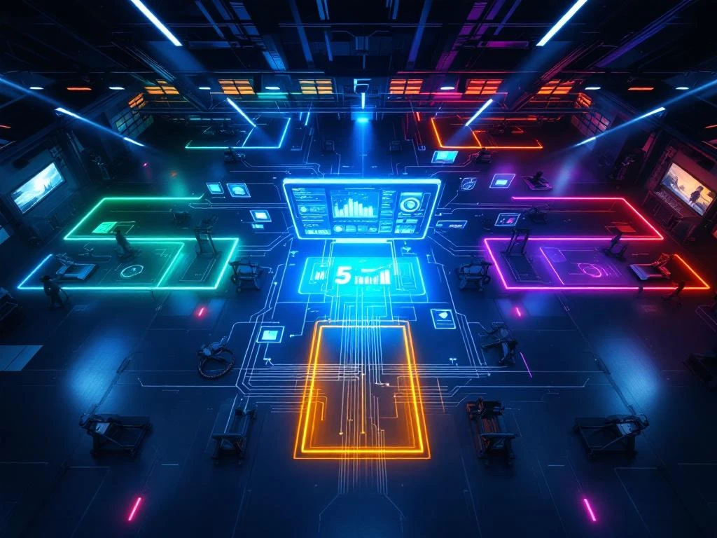 Luchtfoto van moderne fitnesscentrum met vijf gekleurde zones en holografisch dashboard met software-interfaces