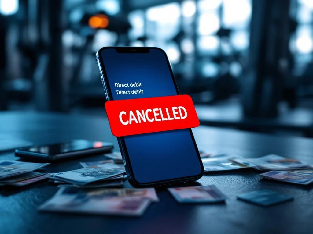 Smartphone met bankapp toont geannuleerde automatische incasso, naast eurobiljetten en creditcard op bureau