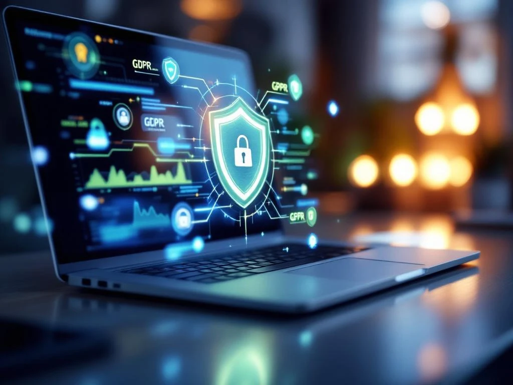 Laptop met beveiligd dashboard, zwevende schildiconen en GDPR-compliance badges in Logifit workspace met blauw-groen licht