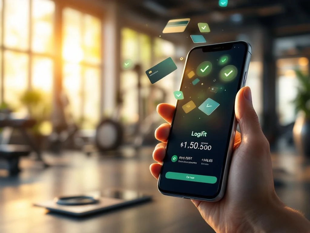 Smartphone met betalingsinterface en groene vinkjes in moderne sportschool, met creditcards en digitale betaalsymbolen