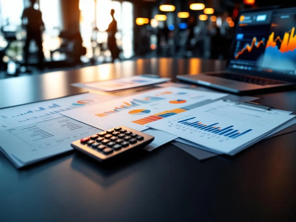 Bovenaanzicht van moderne sportschoolmanager bureau met financiële rapporten, grafieken en laptop met stijgende groeicijfers