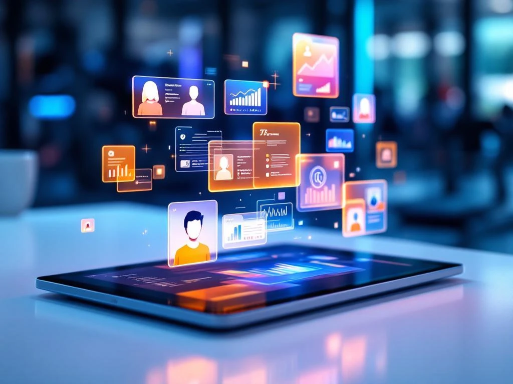 Moderne tablet toont 3D zwevende klantprofielkaarten met grafieken en gebruikersdata op wit bureau in fitness omgeving
