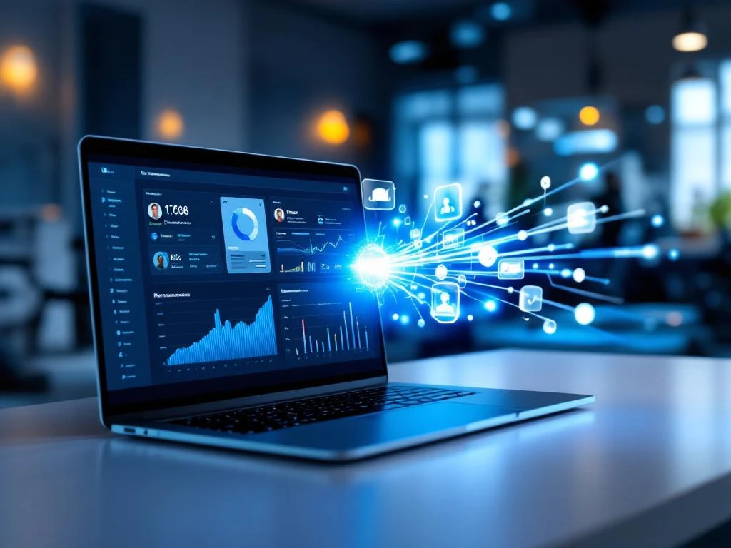 Laptop met ledenbeheer dashboard verbonden met website interface via gloeiende glasvezelkabels op modern bureau