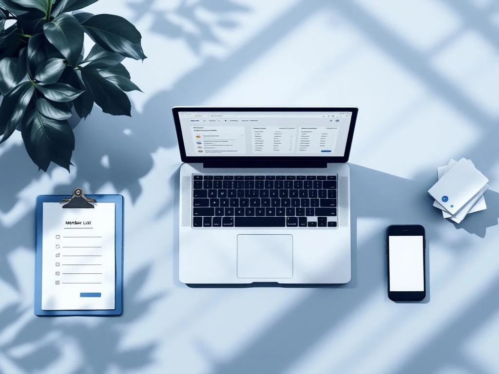 Moderne laptop op bureau toont ledenlijst interface, omringd door fitness lidmaatschapskaarten en wachtlijstformulieren