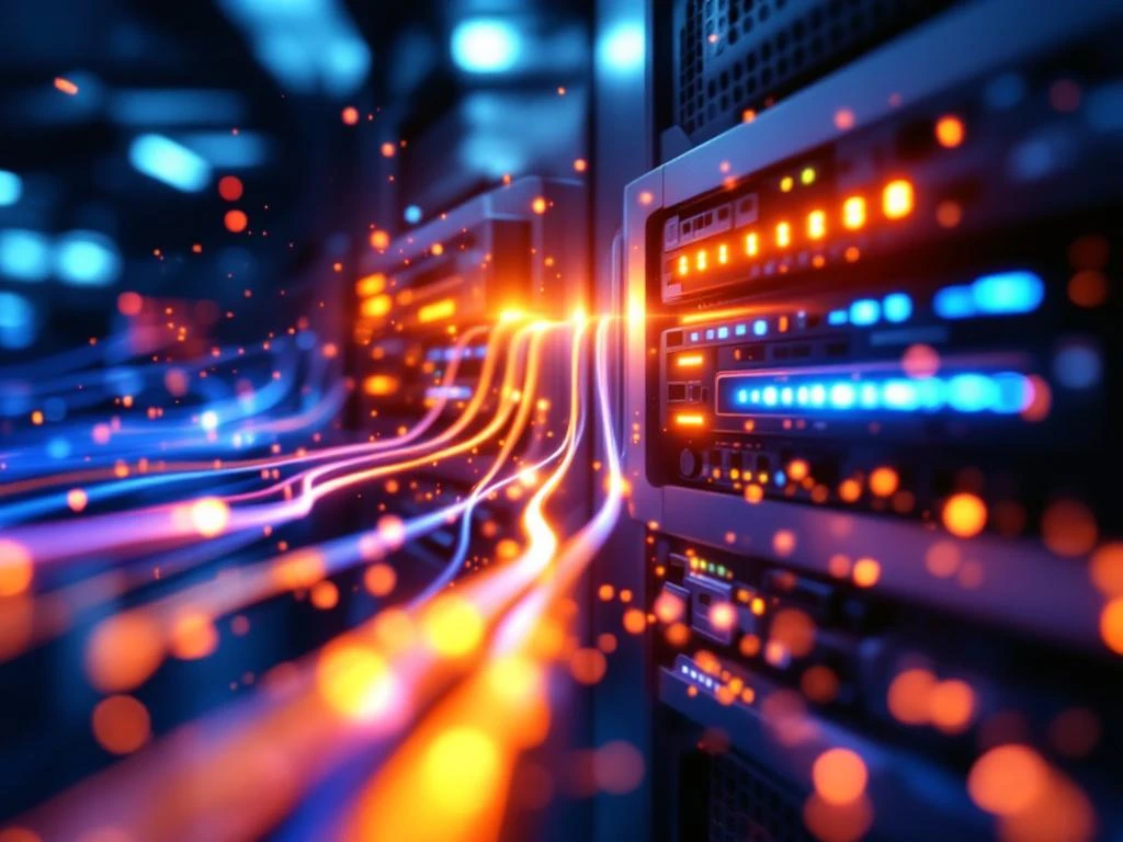 Twee moderne servers verbonden door gloeiende glasvezelkabels die datamigratie tonen met amber en blauwe LED-indicatoren