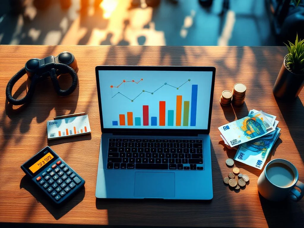 Laptop met financiële grafieken op bureau omringd door eurobiljetten, rekenmachine en munten voor kostenanalyse