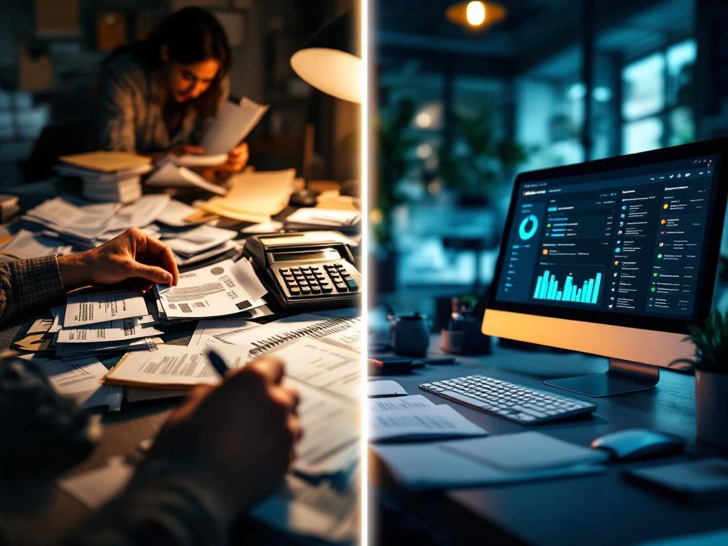 Gesplitst scherm toont chaotische papieren administratie links versus moderne digitale gym management software rechts