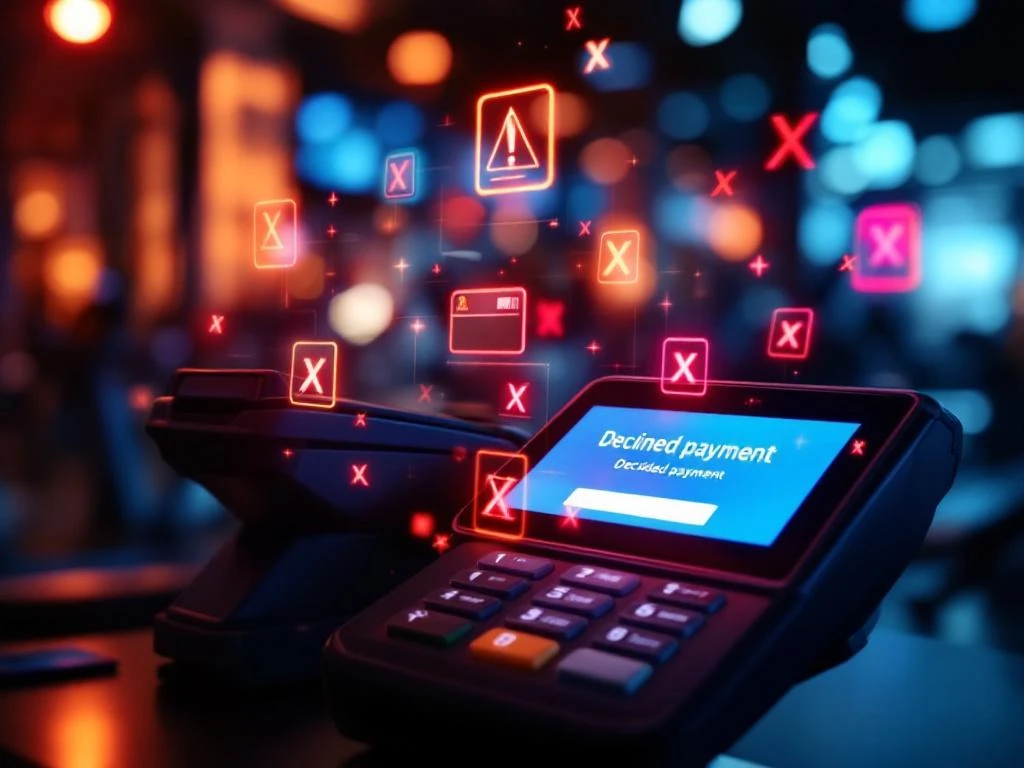 Gym betalingsterminal toont afgewezen betaling met rode waarschuwingssymbolen, fitnessapparatuur op achtergrond