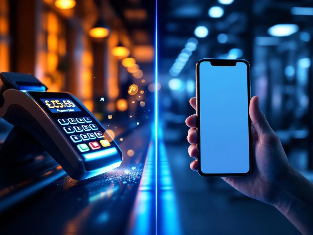 Gesplitst scherm toont automatische betaalterminal links en smartphone met betaallink rechts voor sportschoolbetalingen