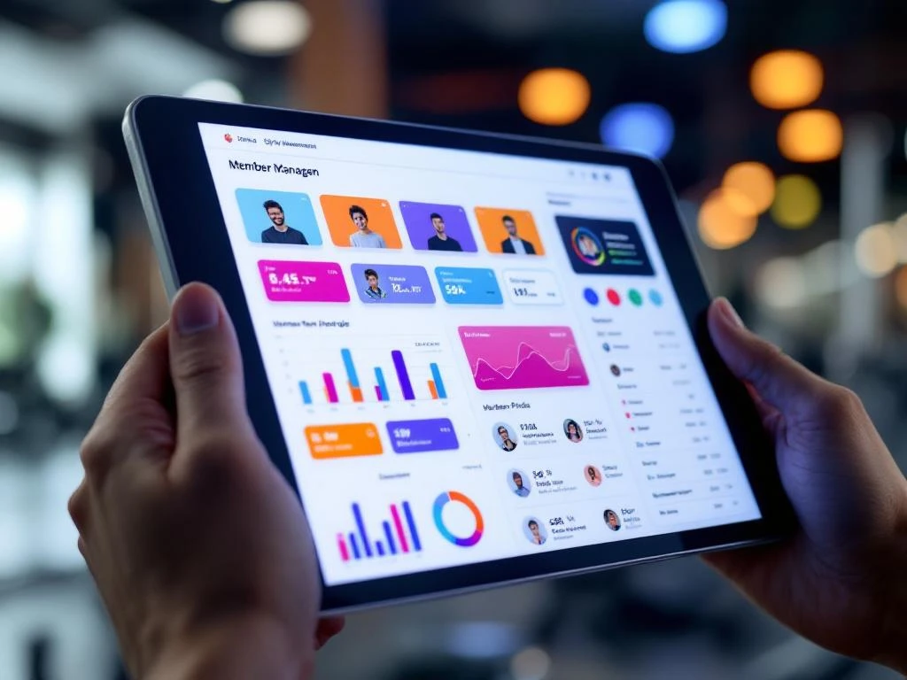 Tablet met gym management dashboard toont kleurrijke datavisualisaties en ledenstatistieken tegen wazige sportschool achtergrond