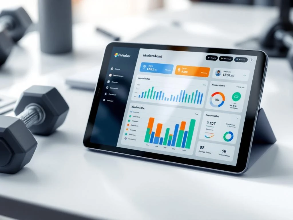 Tablet met kleurrijke dashboard interface voor sportschoolbeheer, omringd door halters en waterfles op wit bureau