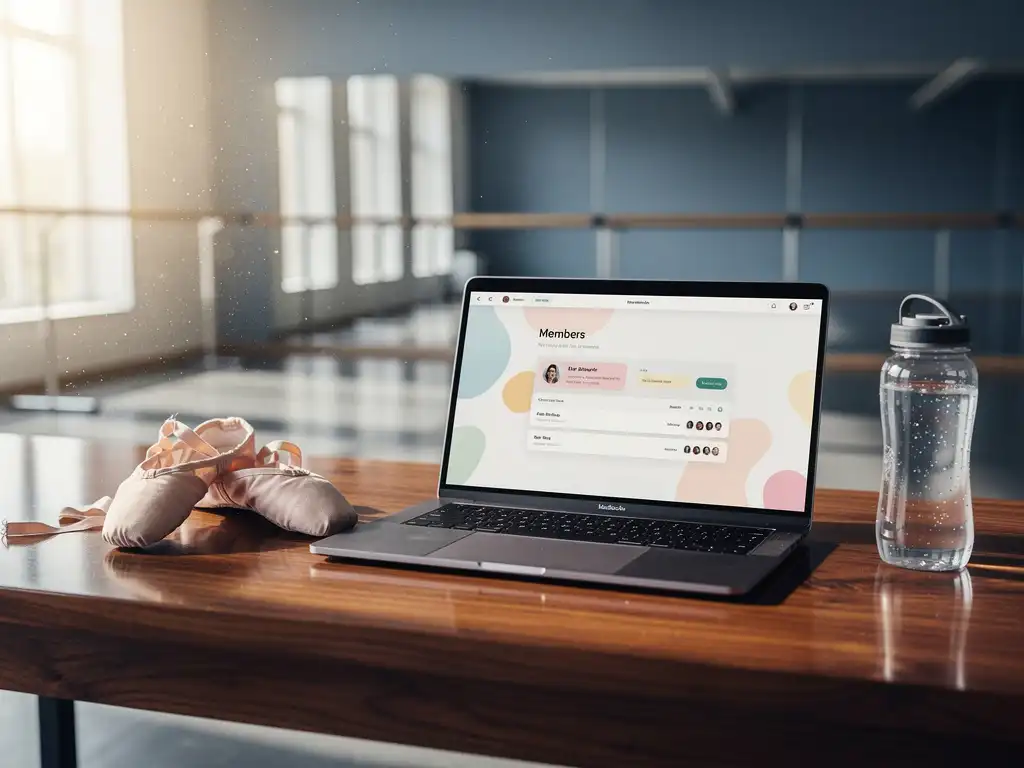 Laptop met digitaal ledenbestand op houten bureau in dansstudio met balletschoenen en waterfles