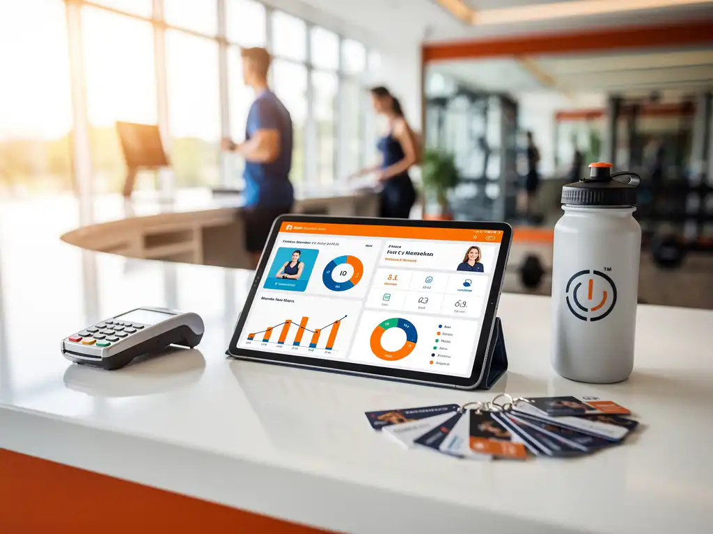 Moderne tablet met kleurrijke fitness analytics op sportschool receptiebalie met kaartlezer en lidmaatschapskaarten