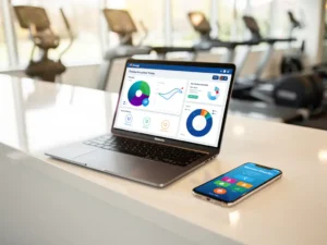 Laptop met kleurrijke fitness dashboard analytics op witte sportschool receptiebalie naast smartphone met incheck-schermen
