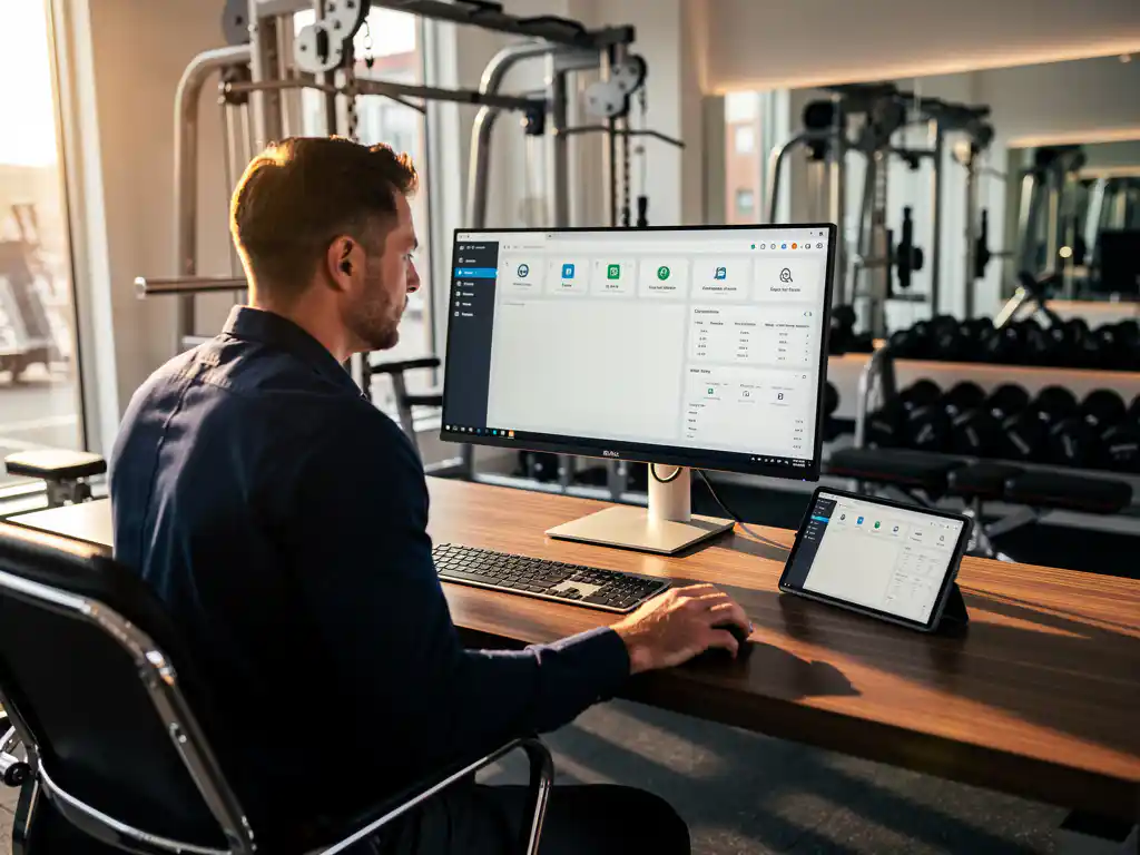 Fitness center eigenaar vergelijkt software-interfaces op monitor en tablet aan bureau in moderne sportschool