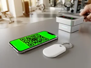 Smartphone met QR-code en witte RFID-sleutelhanger naast toegangsscanner op moderne fitnesscentrum receptiebalie