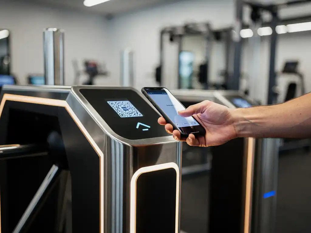 Moderne sportschool tourniquet met geïntegreerde QR-code scanner terwijl lid smartphone gebruikt om binnen te komen
