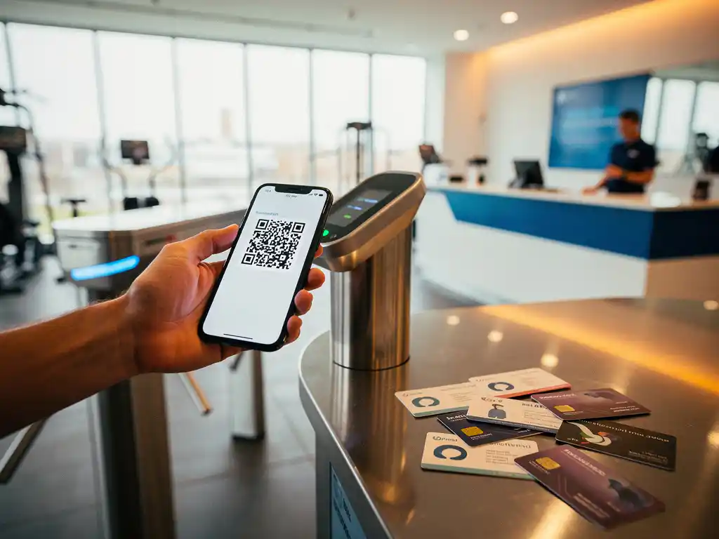 Smartphone met QR-code bij moderne sportschool tourniquet, lidmaatschapskaarten op receptiebalie, heldere fitnesscentrum ontvangsthal
