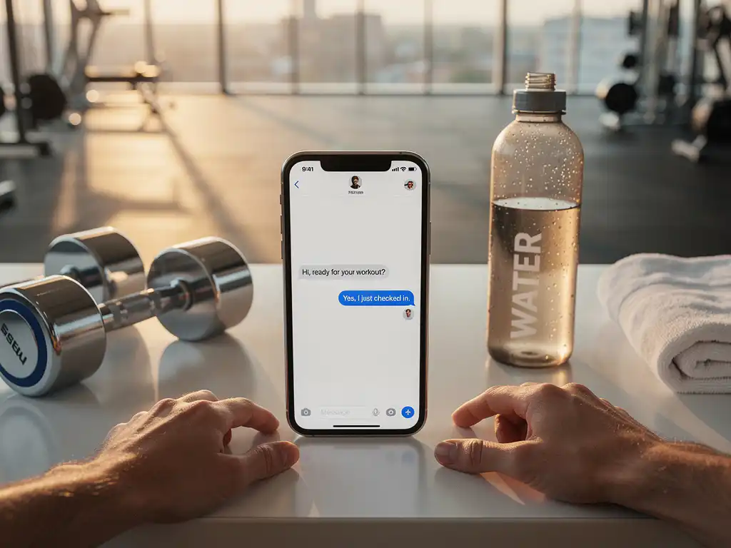 Smartphone met chatgesprek op gymreceptie tussen halters en waterfles in warm natuurlijk licht