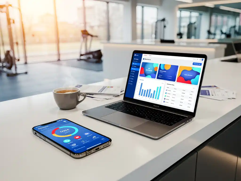 Moderne sportschool receptiebalie met laptop die kleurrijke ledenstatistieken toont, smartphone met fitness-app en koffiekop bij natuurlijk licht