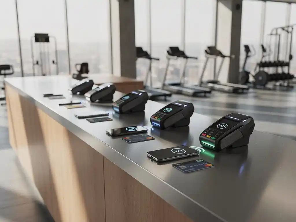 Moderne gymreceptie met meerdere betalingsterminals, creditcards en smartphones in georganiseerde opstelling, warme houtaccenten en natuurlijk licht