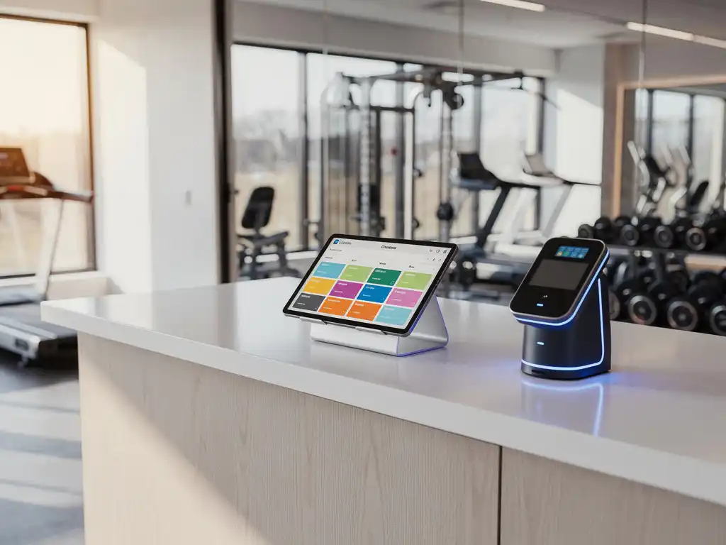 Moderne gymreceptie met tablet die kleurrijke trainingsschema's toont, automatische check-in scanner en fitnessapparatuur op achtergrond