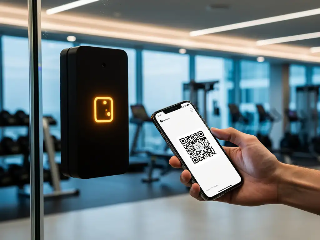 Zwarte kaartlezer aan glazen sportschool ingang scant smartphone met QR-code, fitnessapparatuur zichtbaar op achtergrond